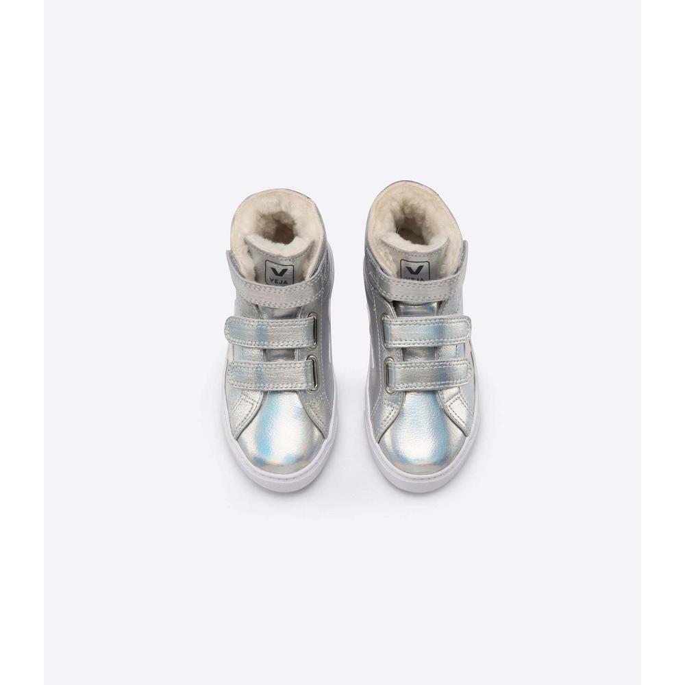 Kids' Veja ESPLAR MID FURED LEATHER High Tops Silver/White | SG 693CTV